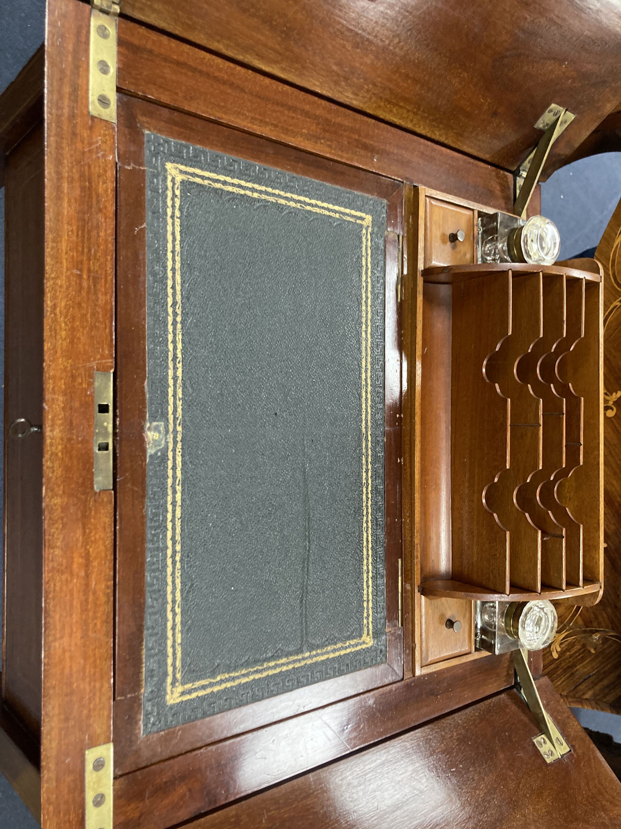 An Edwardian inlaid mahogany surprise writing table, width 48cm depth 49cm height 73cm